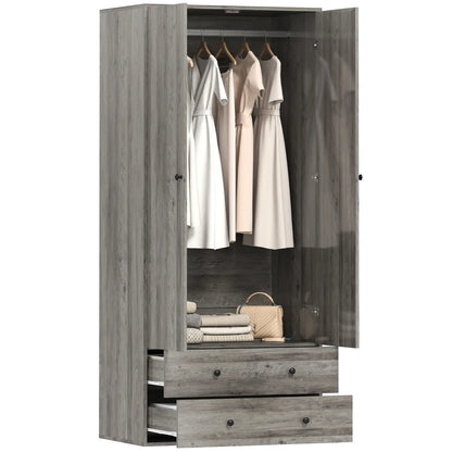 Modern Wardrobe Closet, 2 Drawers, Hanging Rod, Grey Clothing Storage at Gallery Canada