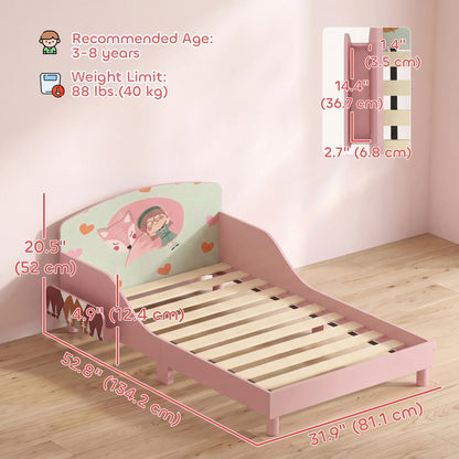 Toddler Bed, Bedside Storage, Guard Rails, 132x70x10cm, Pink Fox Print