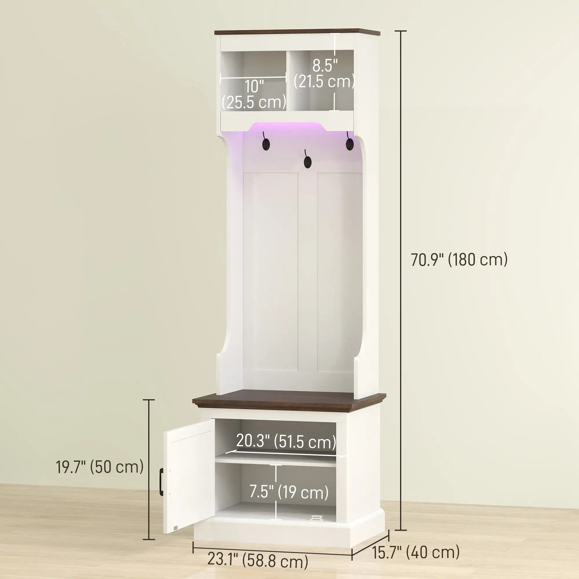 3-in-1 Hall Tree, LED Lights, Bench, Coat Rack, Shoe Storage, White Wood Grain, White Clothing Storage at Gallery Canada