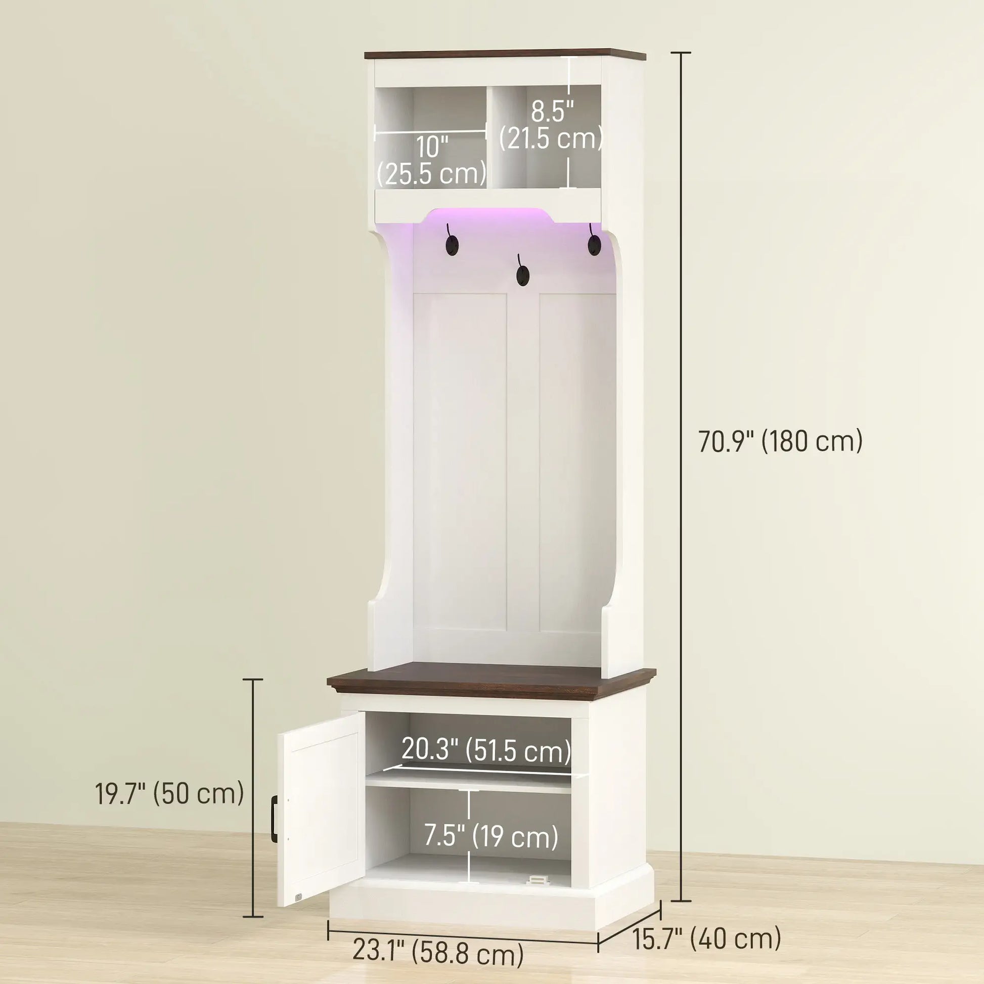 3-in-1 Hall Tree, LED Lights, Bench, Coat Rack, Shoe Storage, White Wood Grain, White Clothing Storage at Gallery Canada