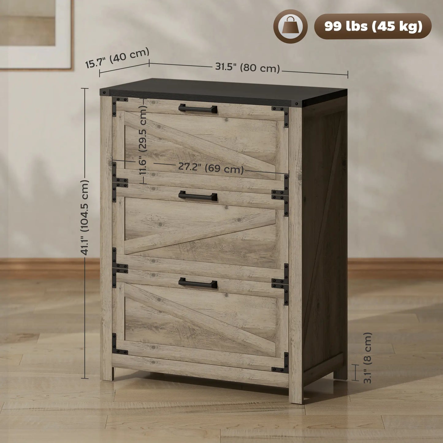 3 Drawer Filing Cabinet, Farmhouse Office Storage, Adjustable Hanging Bars, Grey Office Cabinets & Cupboards at Gallery Canada