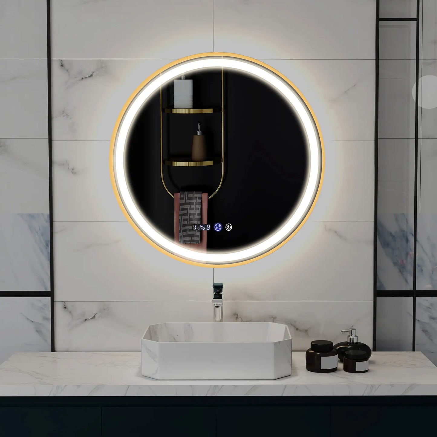 28" Round LED Bathroom Mirror, Anti-Fog, Time Temp Display, Gold Wall Mirrors at Gallery Canada