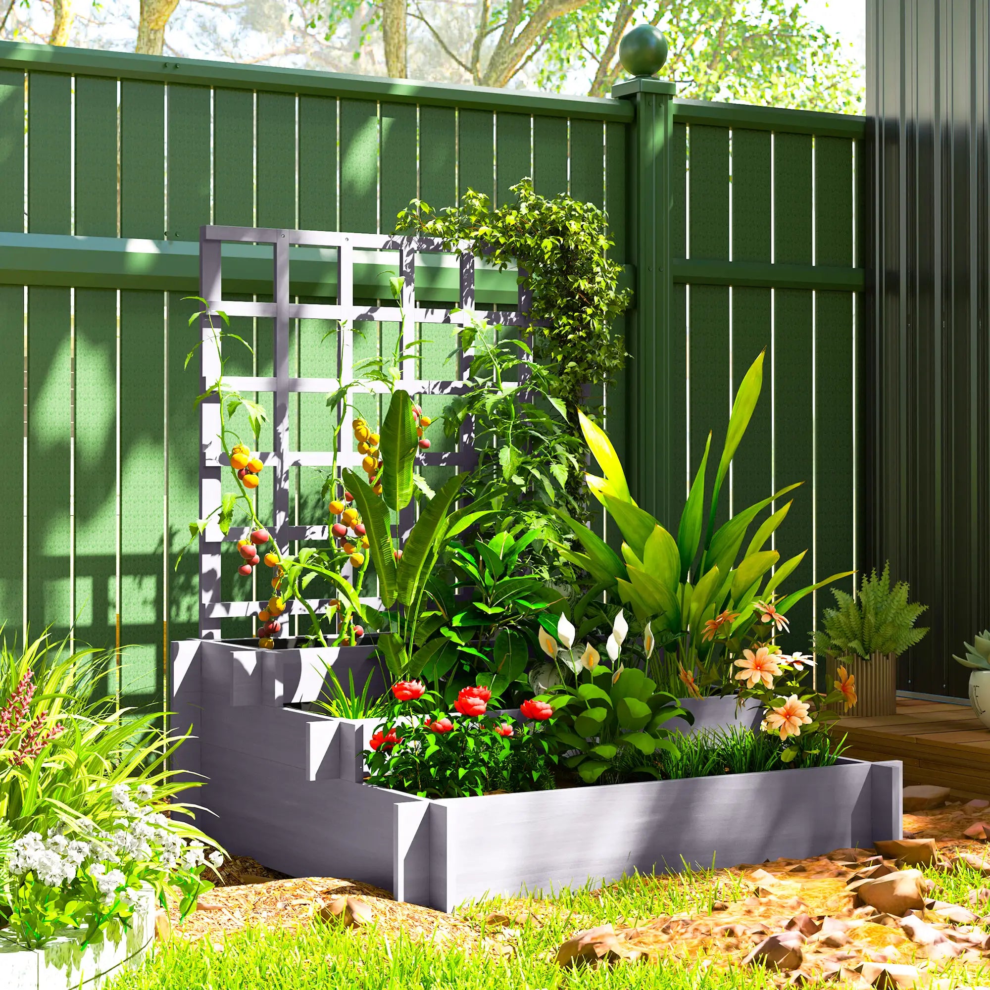 Wooden Elevated Planter Box with Trellis, 3 Tier Raised Garden Bed, Grey Raised Garden Beds at Gallery Canada
