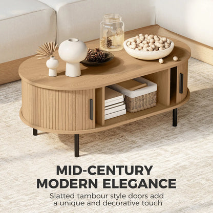 Coffee Table with Sliding Tambour Doors and Storage Center Table with Metal Legs, 39", Natural