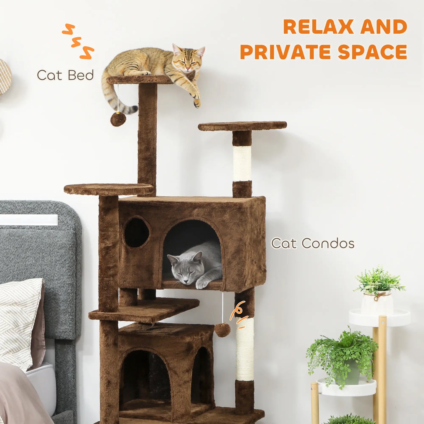 63" Cat Tree, Multi-Level Tower With Scratching Posts, Light Brown