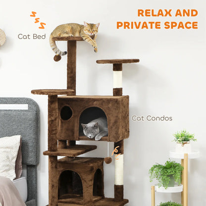63" Cat Tree, Multi-Level Tower With Scratching Posts, Light Brown