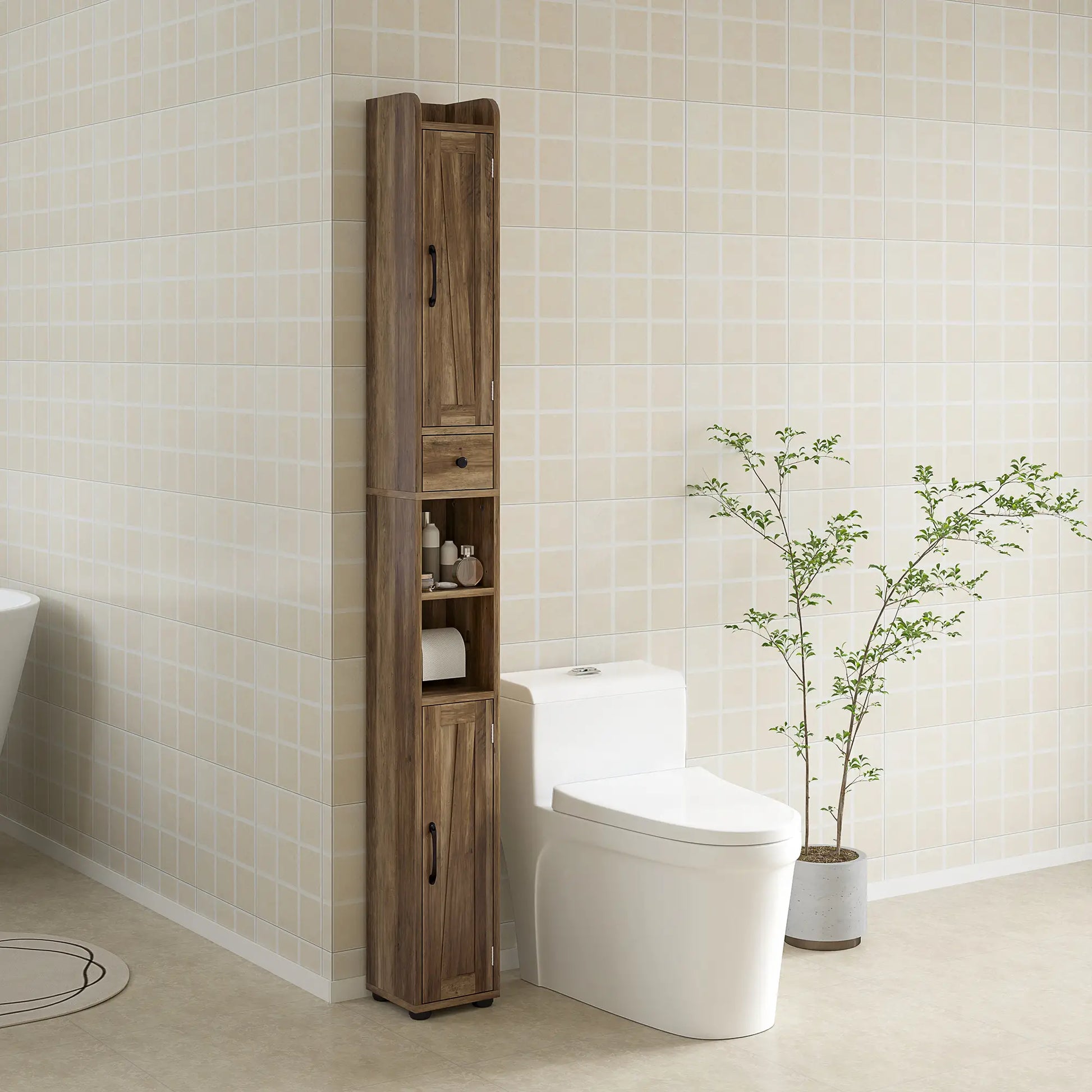 Narrow Bathroom Cabinet, Tall Storage with Barn Doors, Drawer, Adjustable Shelves, Wood Grain, Brown Bathroom Cabinets at Gallery Canada