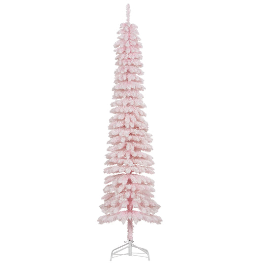 7ft Snow-Flocked Slim Pencil Christmas Tree, 490 Branches, Metal Base, Pink Flocked Christmas Trees Pink at Gallery Canada