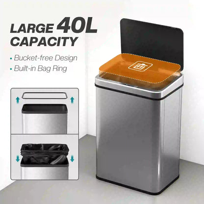 10.6 Gallon Automatic Garbage Can, Soft-Close Lid, Touchless, Fingerprint Resistant Stainless Steel Household Supplies at Gallery Canada