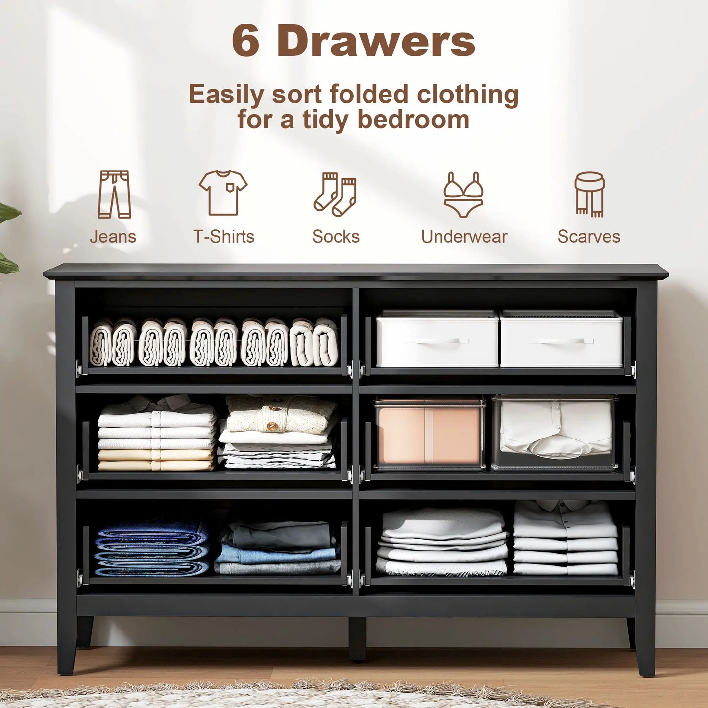 Commode moderne 6 tiroirs, double coffre, noir