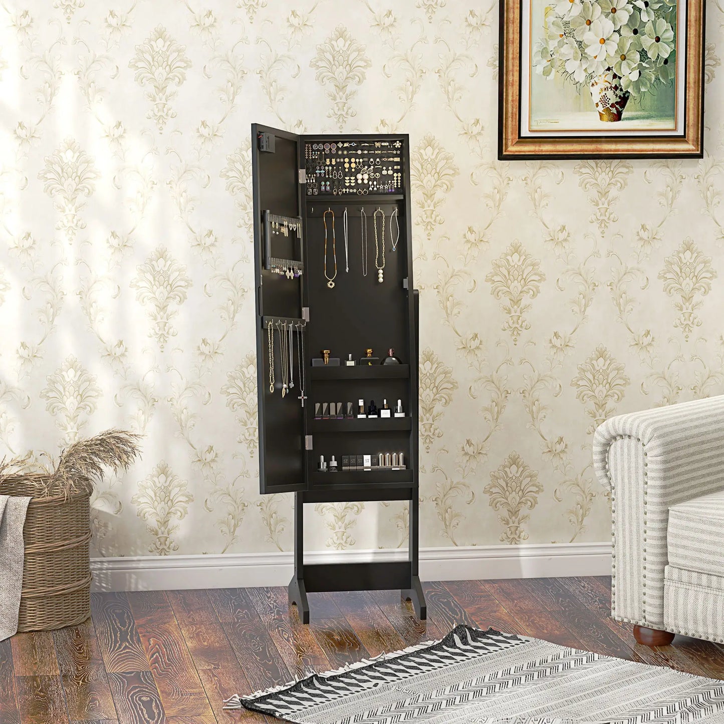 Free Standing Armoire Organizer, Lighted Mirrored Jewelry Cabinet, 16 LED Lights, Black Jewelry Armoire & Jewellery Mirror Cabinets at Gallery Canada