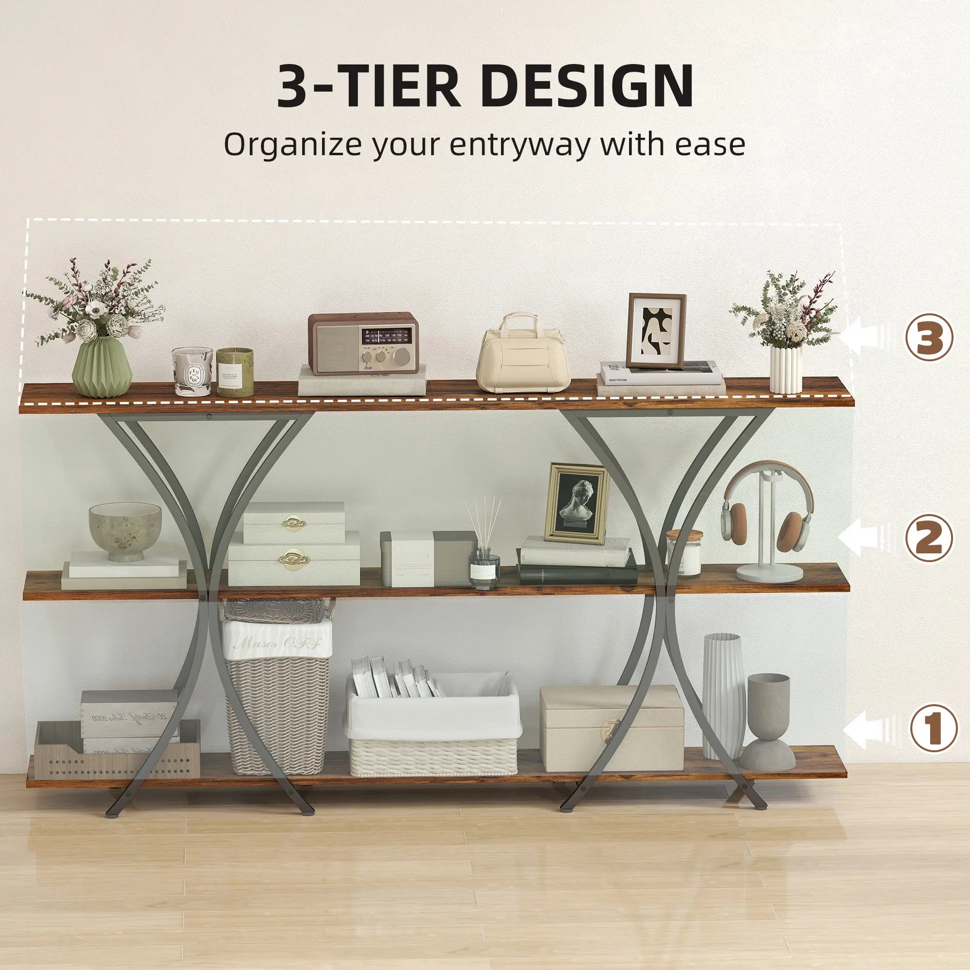 71 Inch Console Table, 3-Tier Industrial with 2 Shelves, Rustic Brown Console Tables at Gallery Canada