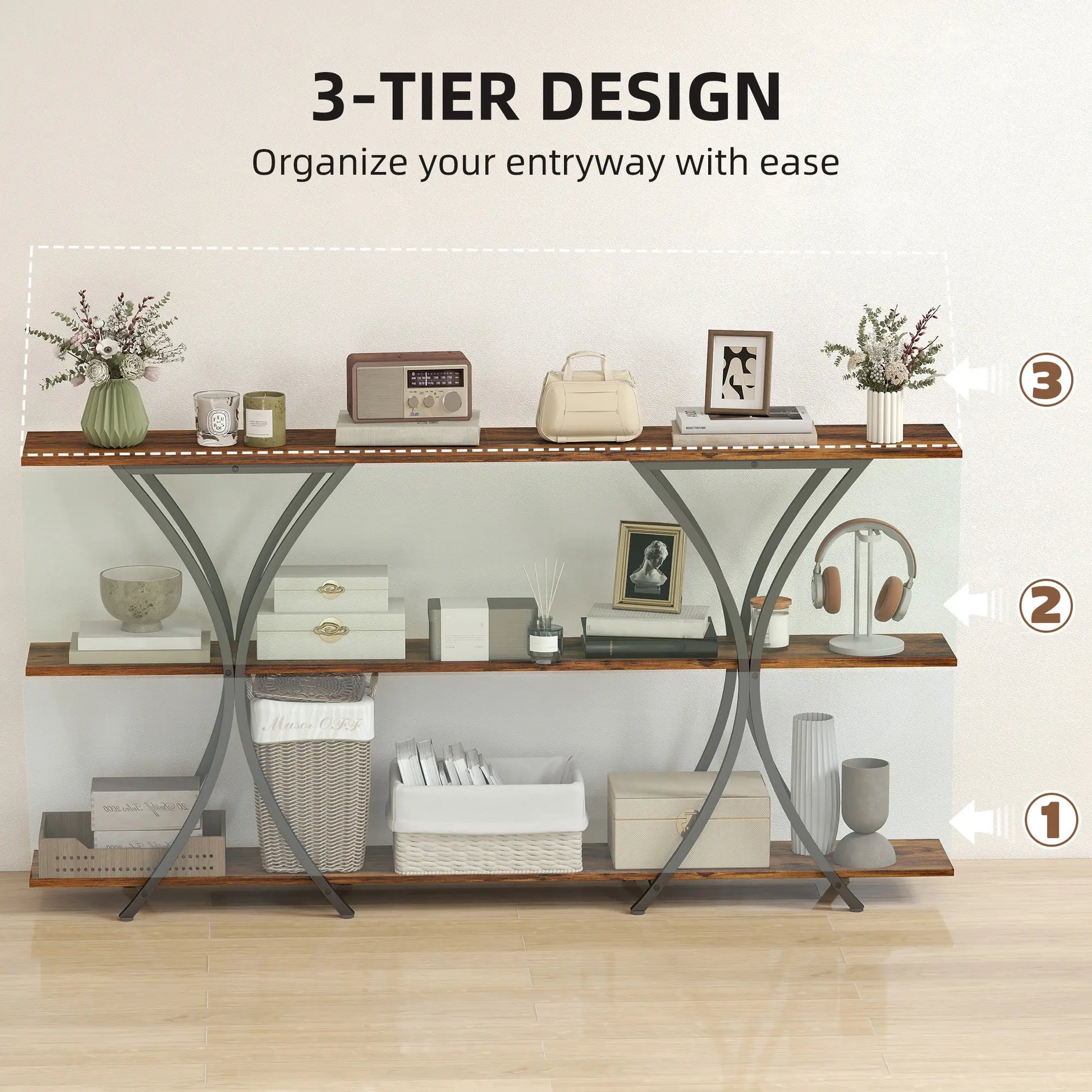 71 Inch Console Table, 3-Tier Industrial with 2 Shelves, Rustic Brown Console Tables at Gallery Canada