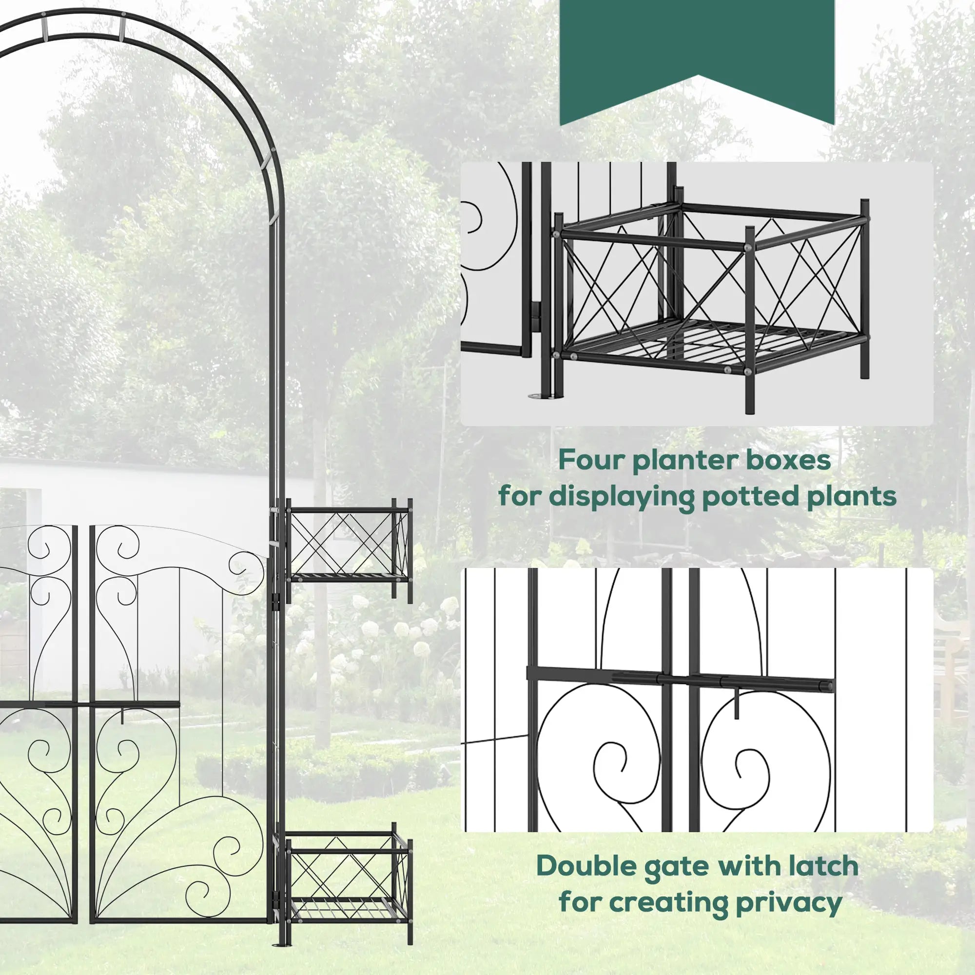 7.1FT Metal Garden Arch with Gate, 4 Planter Boxes, Black Garden Arches at Gallery Canada