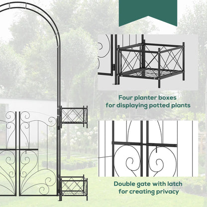 7.1FT Metal Garden Arch with Gate, 4 Planter Boxes, Black Garden Arches at Gallery Canada