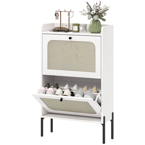 Shoe Cabinet With 2 Flip Drawers, Narrow, White
