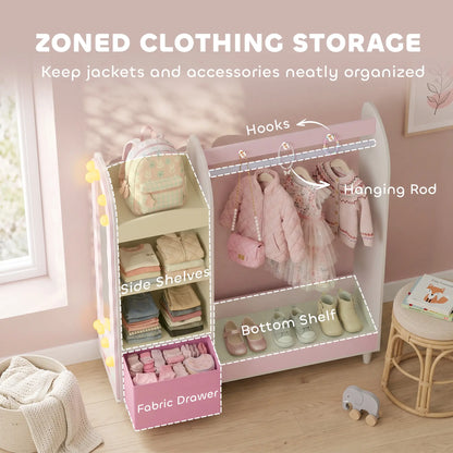 Portant à vêtements pour enfants avec miroir, tiroir et étagères, rose