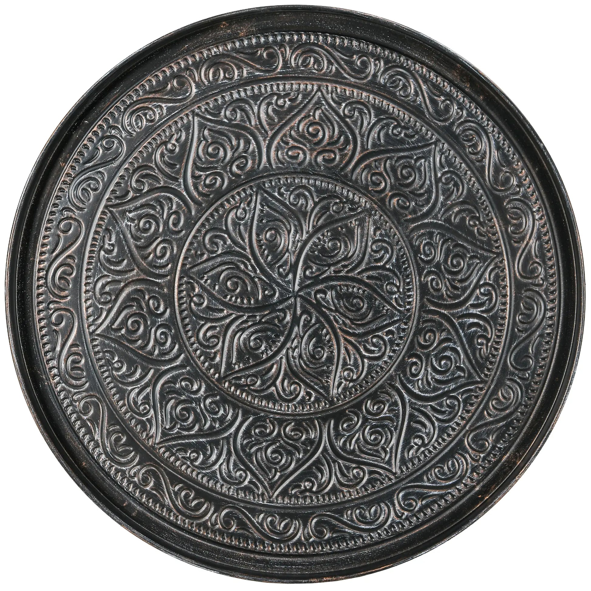 Vintage Coffee Table, 24" Round, Hammered Tray Top, Metal Frame, Pewter Coffee Tables at Gallery Canada