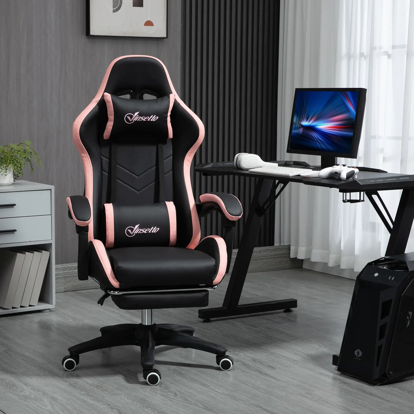 Gaming Chair, PU Leather Office Desk Chair with Footrest, Swivel Wheels, 135° Reclining Back, Black Video Game Chairs at Gallery Canada
