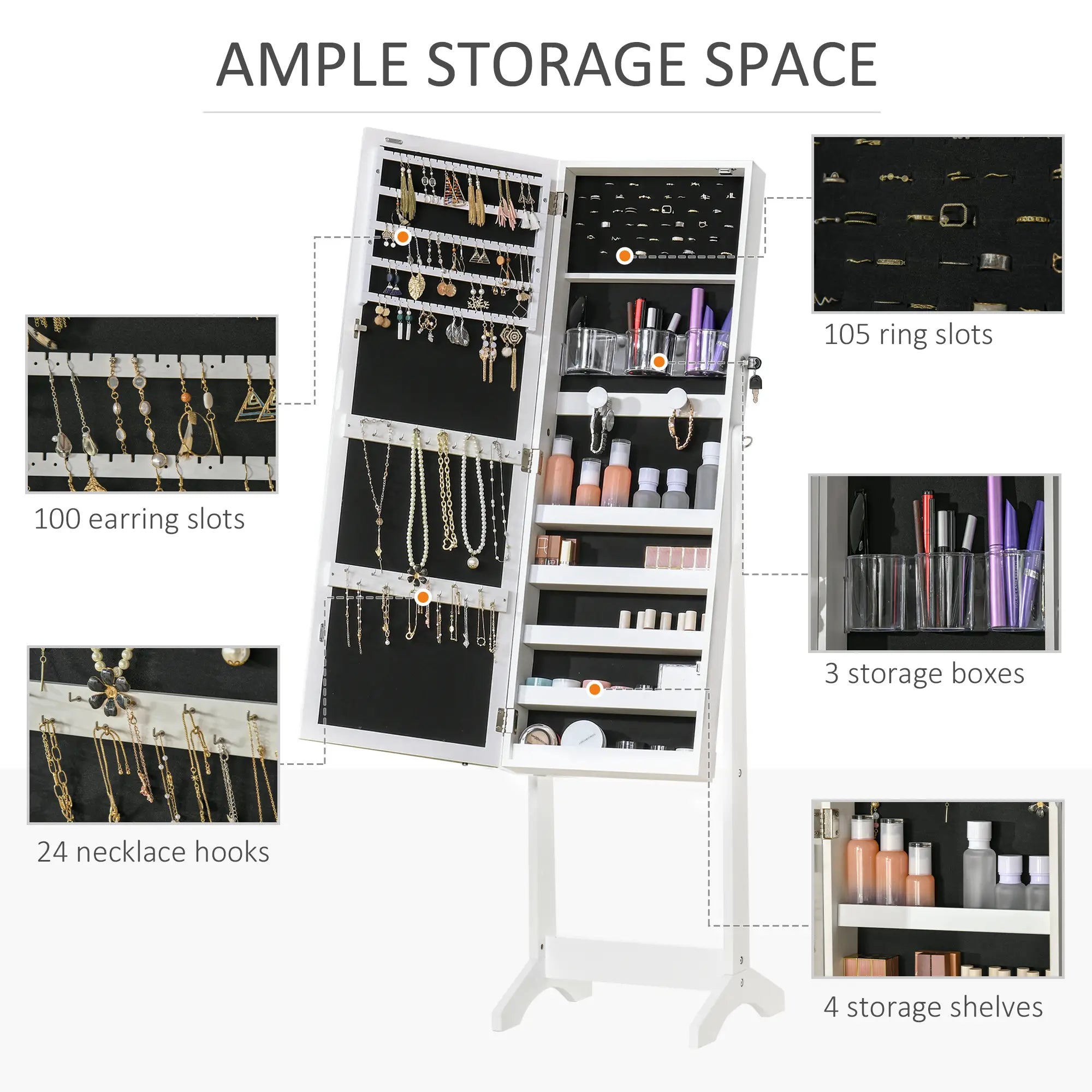 Lockable Jewelry Armoire with LED Light, Standing Mirror, White Jewelry Armoire & Jewellery Mirror Cabinets at Gallery Canada