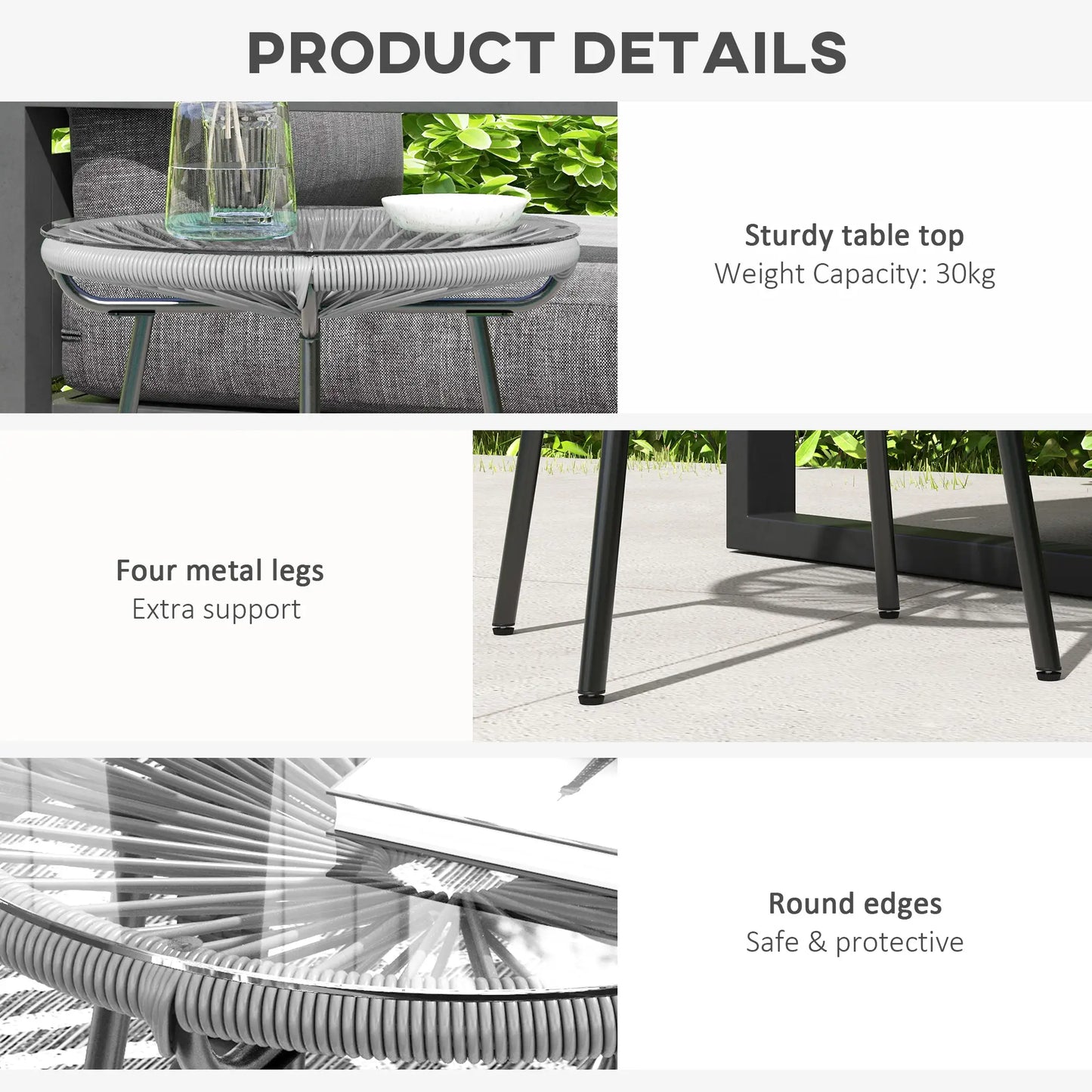 Round Rattan Side Table, Outdoor, PE Rattan, Tempered Glass Top, Grey