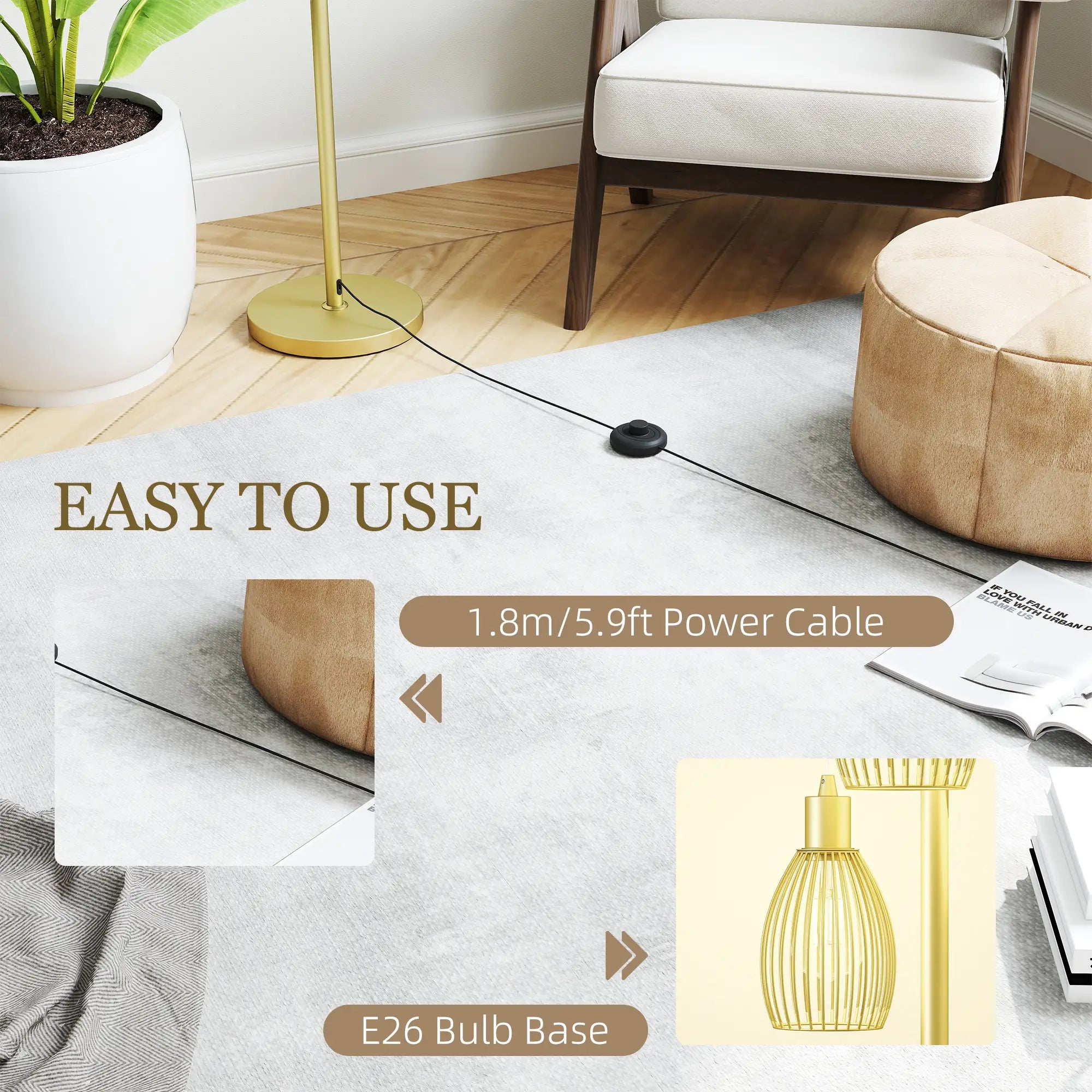 Industrial Floor Lamp, 3 Hanging Wire Lampshades, Dimmable, Gold Floor Lamps & Ceiling Fan Lights at Gallery Canada