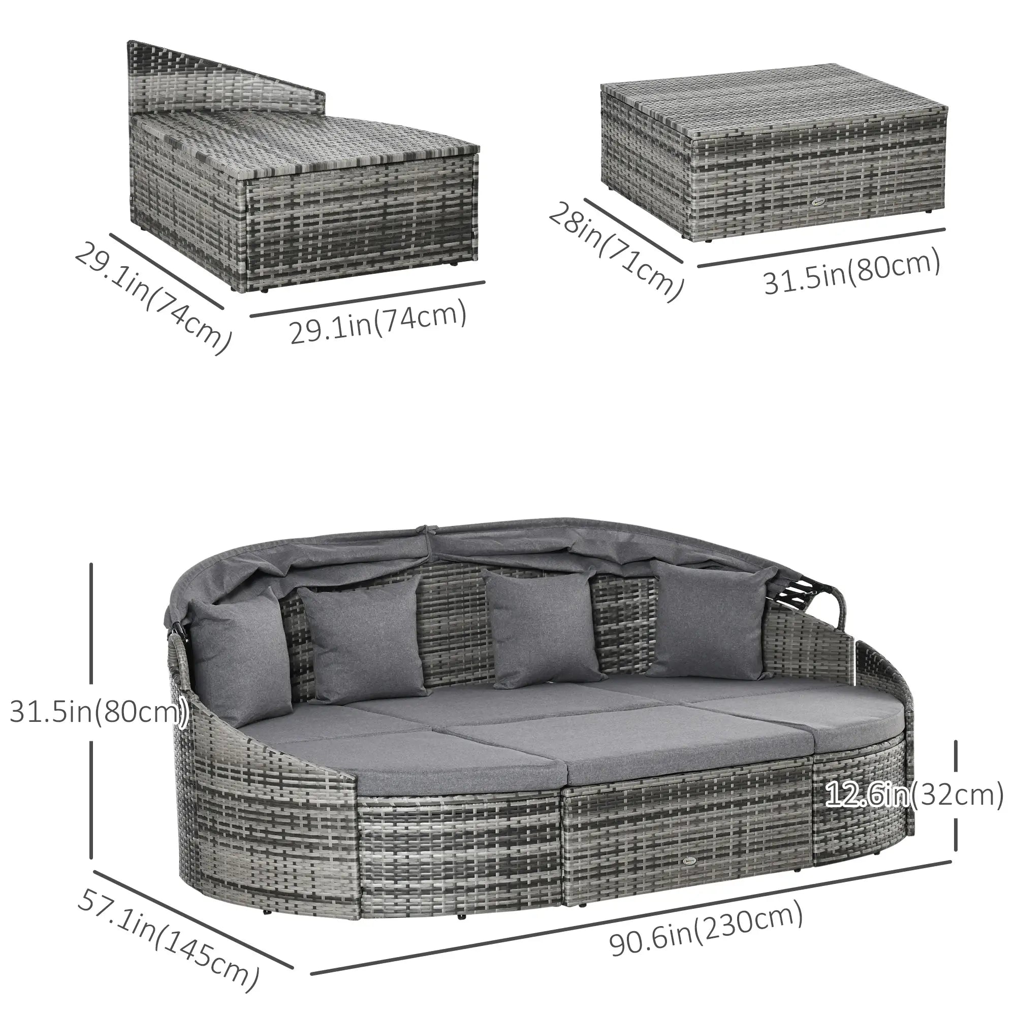 4-Piece PE Wicker Round Daybed, Outdoor Rattan Lounge Set, Grey Daybeds at Gallery Canada
