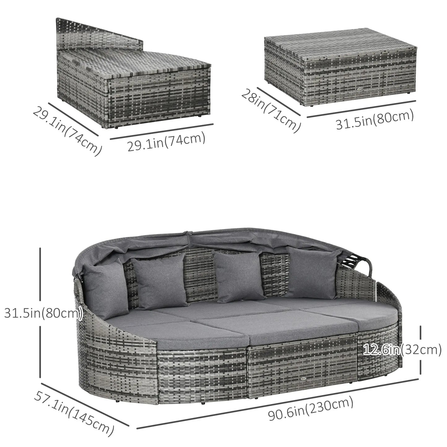 4-Piece PE Wicker Round Daybed, Outdoor Rattan Lounge Set, Grey Daybeds at Gallery Canada