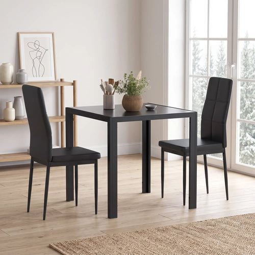 3-Piece Rectangular Glass Dining Table, Metal Frame, Faux Leather Chairs, Black