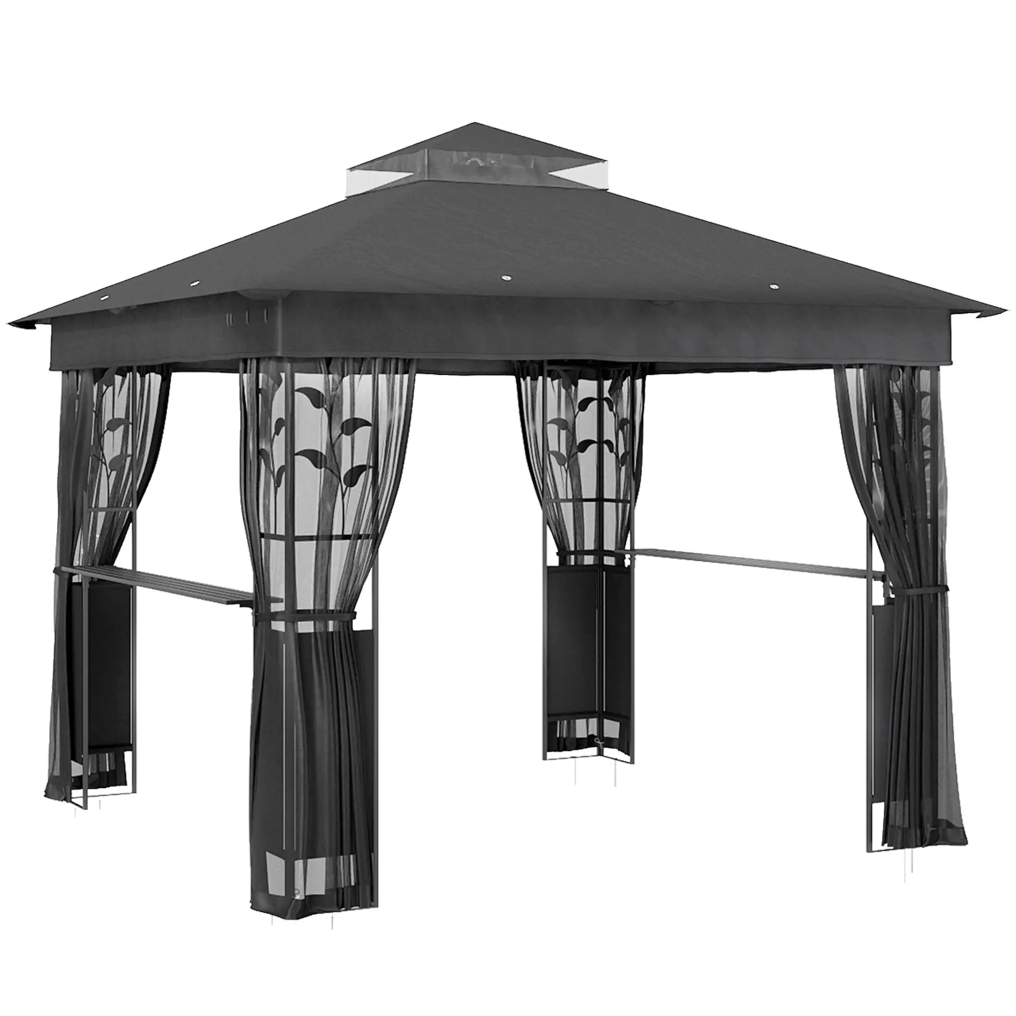 10' x 10' Outdoor Gazebo, UV30+ Double Roof, with Shelves and Netting Gazebos Dark Grey at Gallery Canada