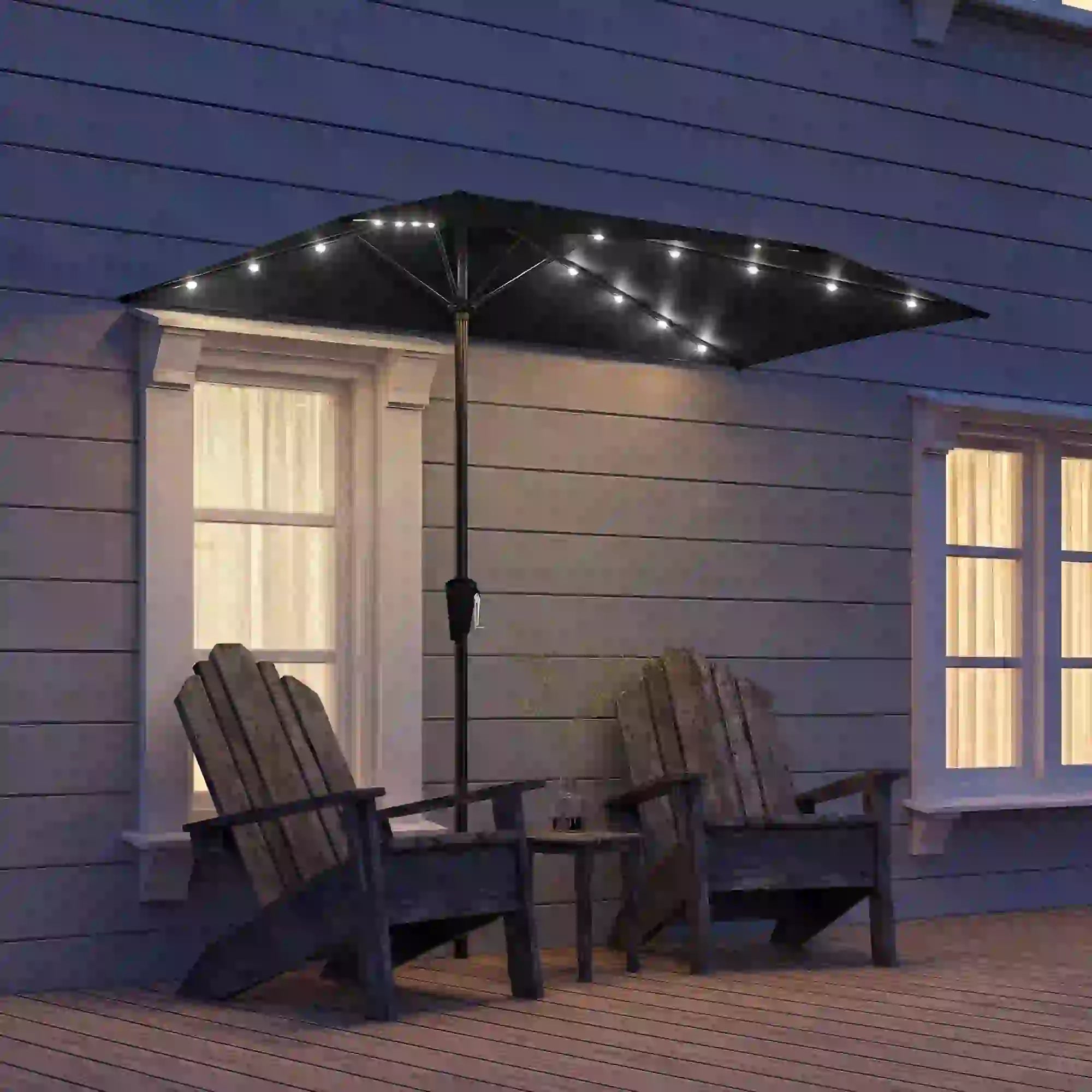 Half Outdoor Patio Umbrella, Solar LED Lights, Crank, 105.1