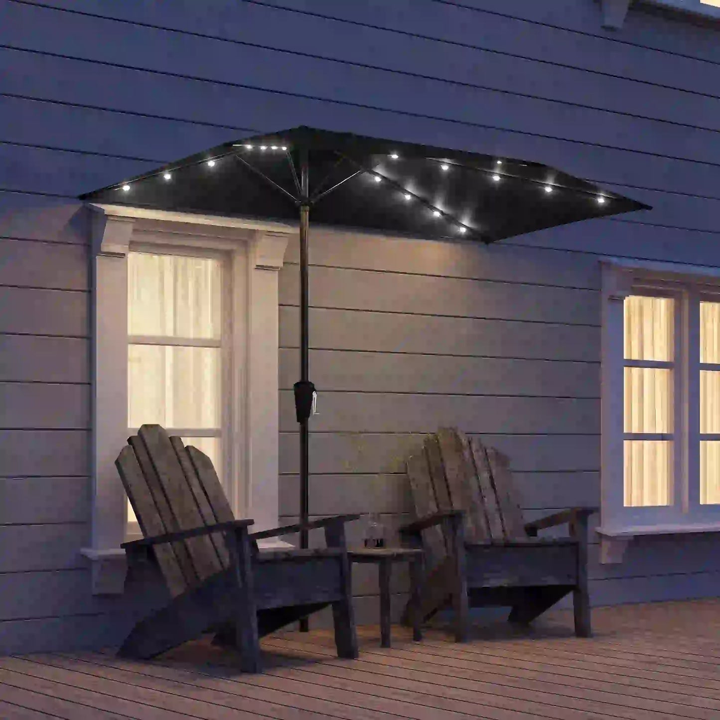Half Outdoor Patio Umbrella, Solar LED Lights, Crank, 105.1" x 53.5", Black Half Round Umbrellas at Gallery Canada