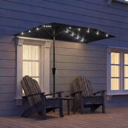 Half Outdoor Patio Umbrella, Solar LED Lights, Crank, 105.1" x 53.5", Black Half Round Umbrellas at Gallery Canada
