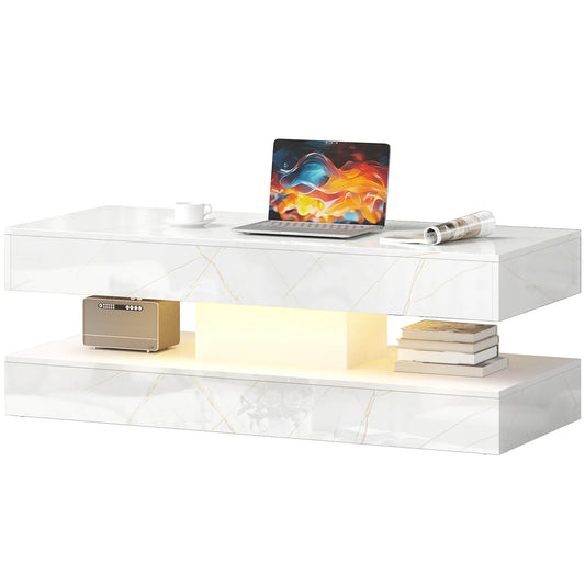 Adjustable LED Coffee Table, 2 Drawers, Open Shelf, Remote, White Coffee Tables High Gloss Marble-Effect White at Gallery Canada