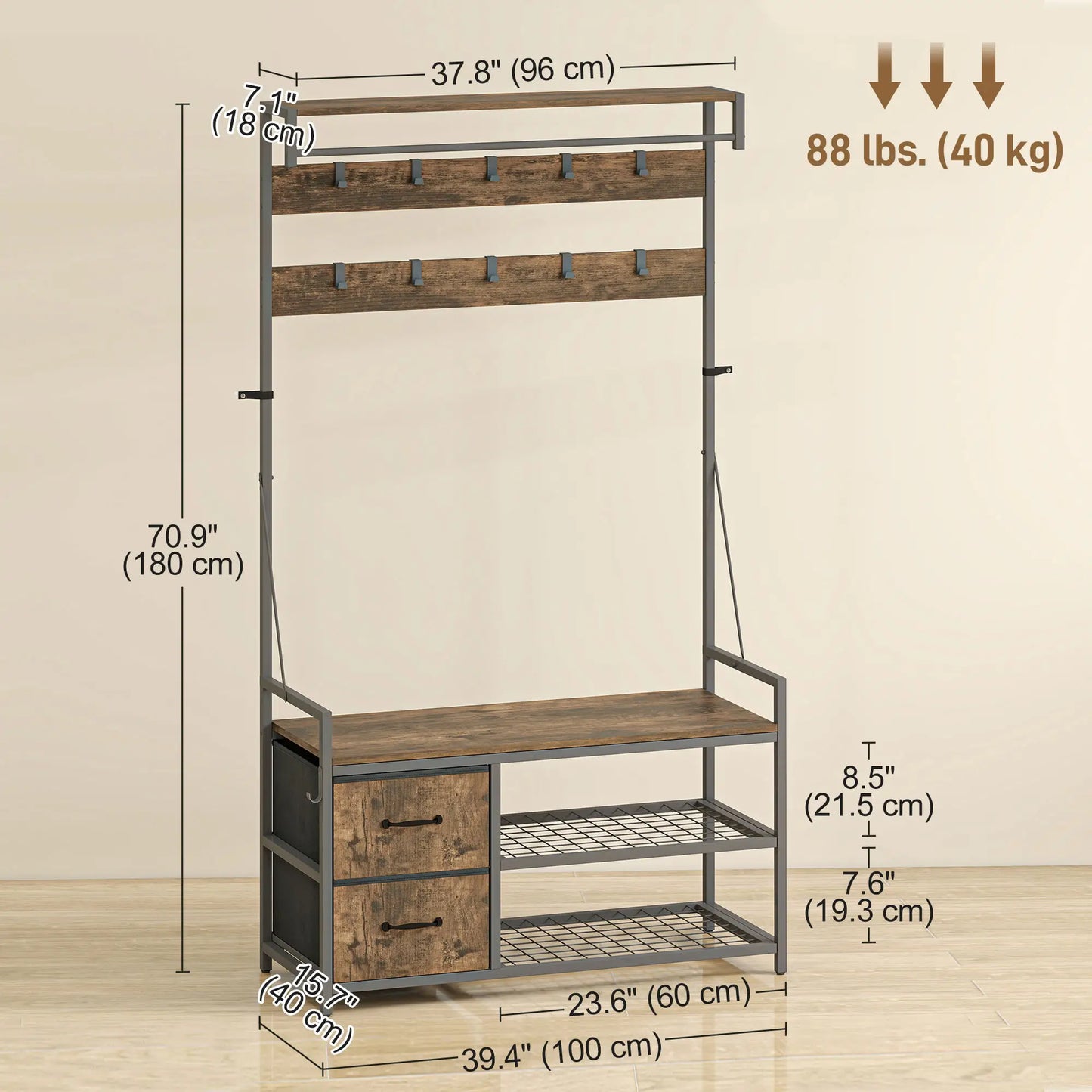 6-In-1 Hall Tree, Bench with Shoe Storage, 10 Hooks, 2 Fabric Drawers, Rustic Brown Clothing Storage at Gallery Canada