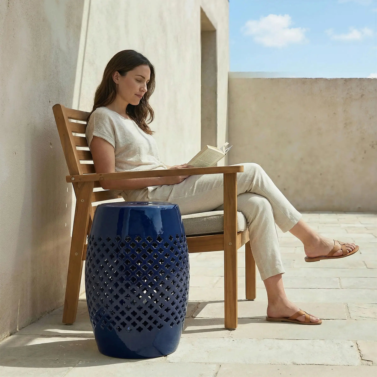 12" Steel Round Hollow Drum Side Table, Navy Blue Patio Side Tables at Gallery Canada