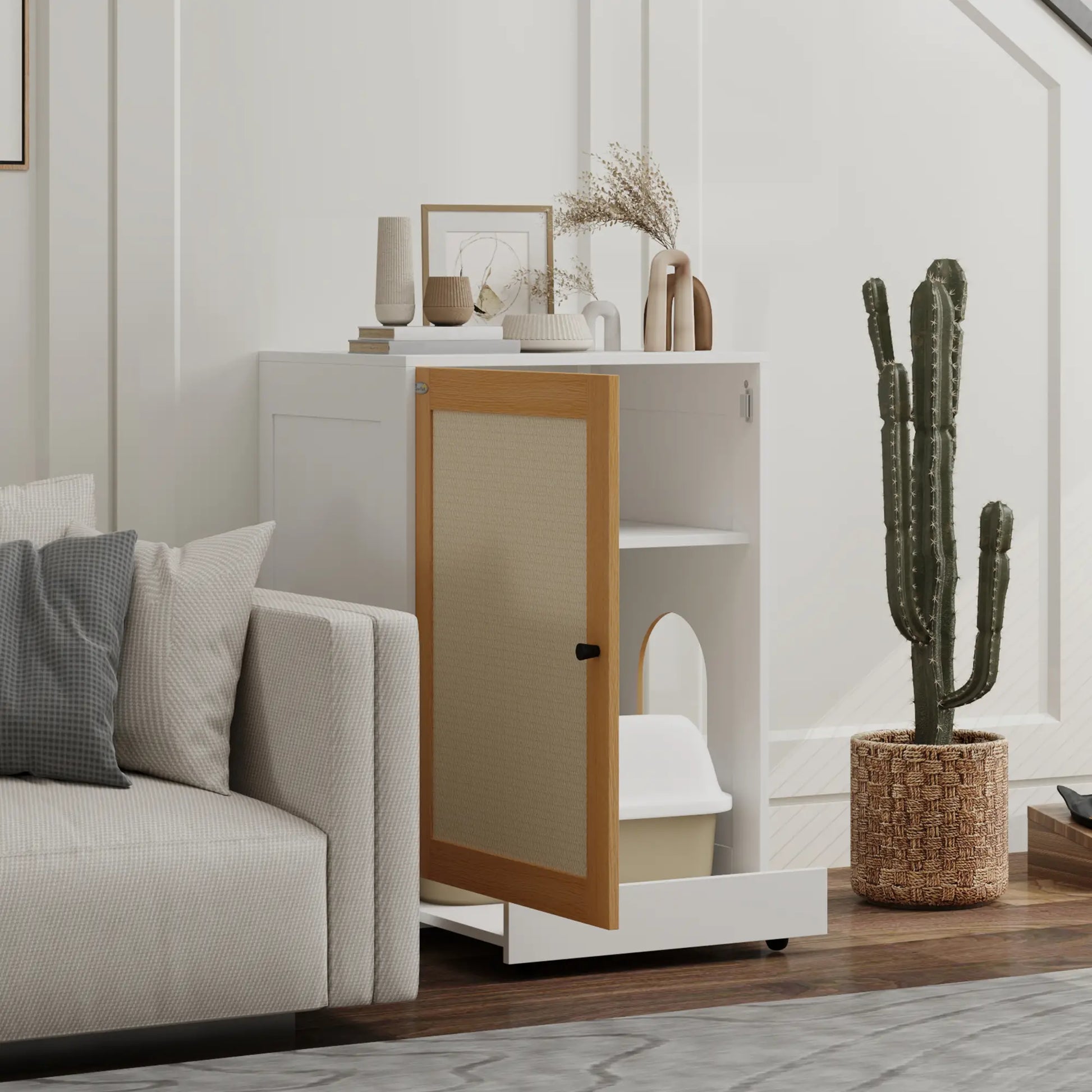Hidden Cat Litter Box Enclosure, Pull-Out Tray, Storage Cabinet, Scratching Mat, Oak Cat Litter Box Enclosures at Gallery Canada