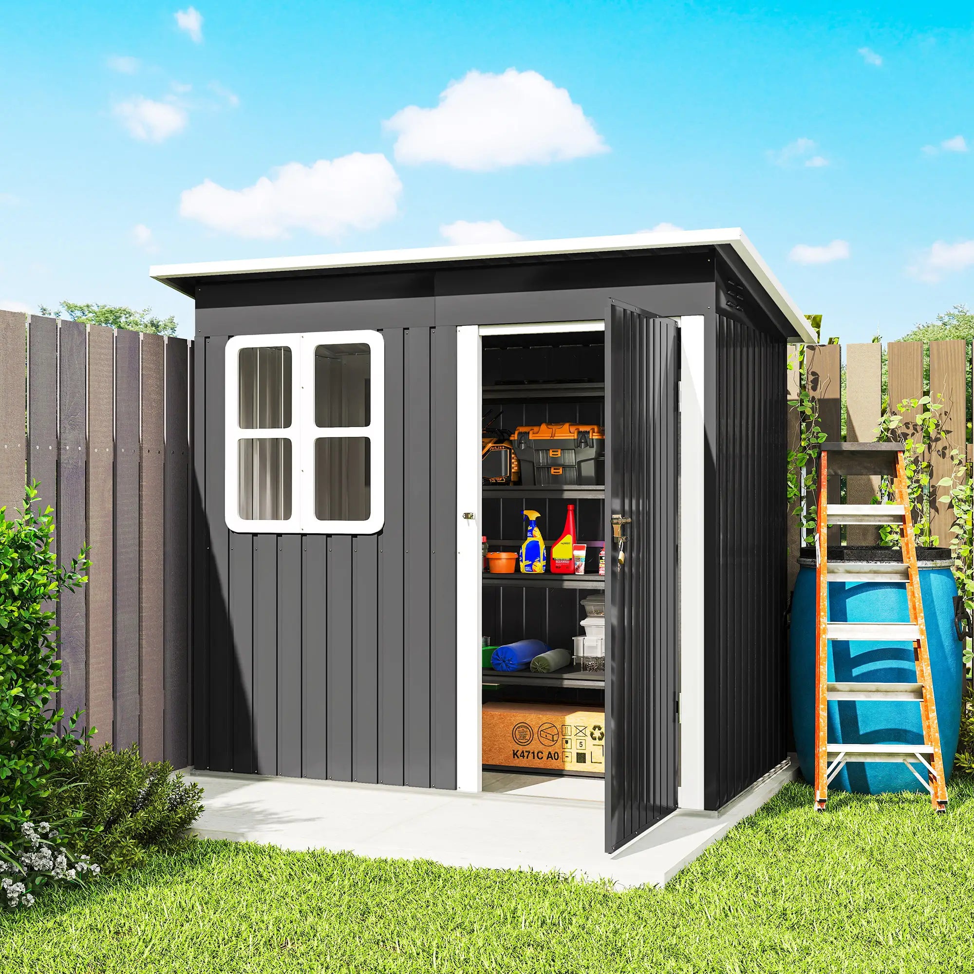 7' x 4' Galvanised Steel Outdoor Storage Shed, Window, Lockable Door, Dark Grey Sheds at Gallery Canada