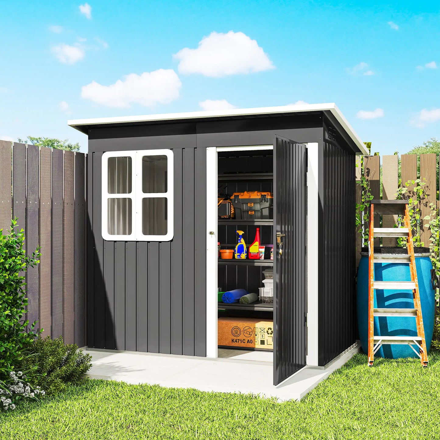 7' x 4' Galvanised Steel Outdoor Storage Shed, Window, Lockable Door, Dark Grey Sheds at Gallery Canada