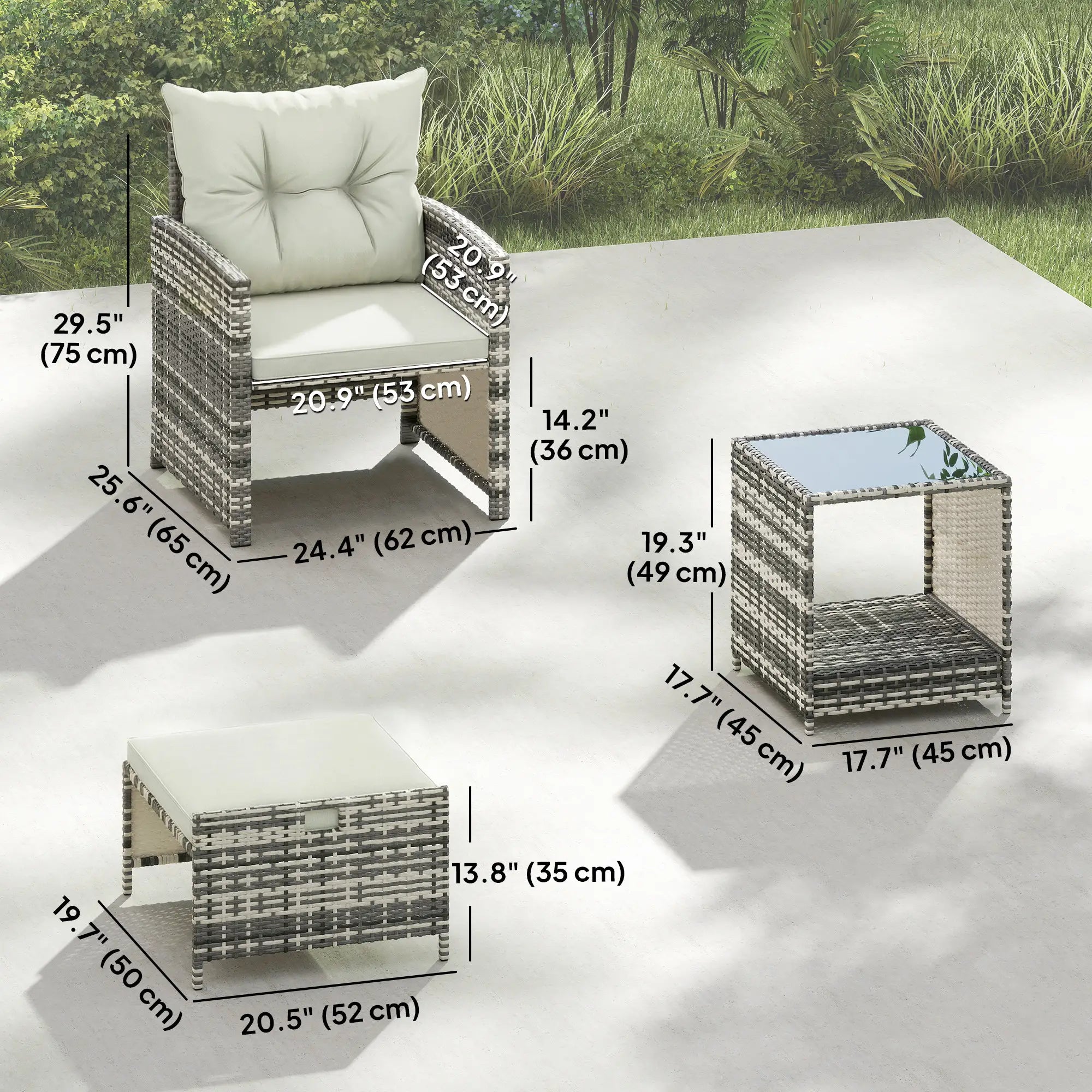 5 Piece Patio Furniture Set, Wicker Chairs With Ottomans, 2-Tier Glass Coffee Table, Grey/Cream White Patio Furniture Sets at Gallery Canada
