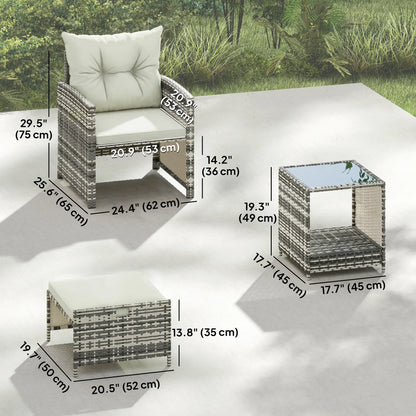 5 Piece Patio Furniture Set, Wicker Chairs With Ottomans, 2-Tier Glass Coffee Table, Grey/Cream White Patio Furniture Sets at Gallery Canada