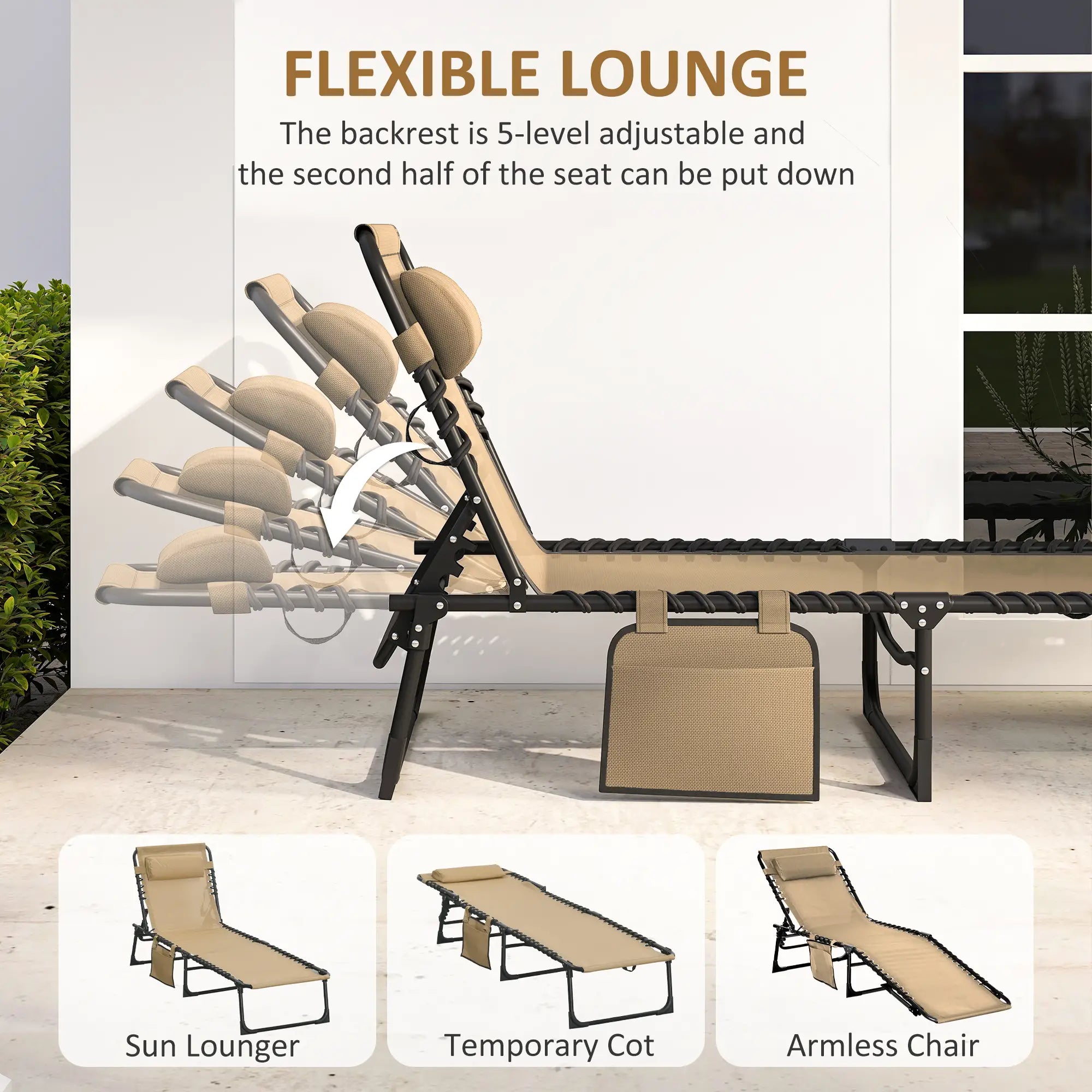 Outdoor Folding Chaise Lounge, Adjustable Backrest, Removable Pillow, Beige Lounger Chairs at Gallery Canada