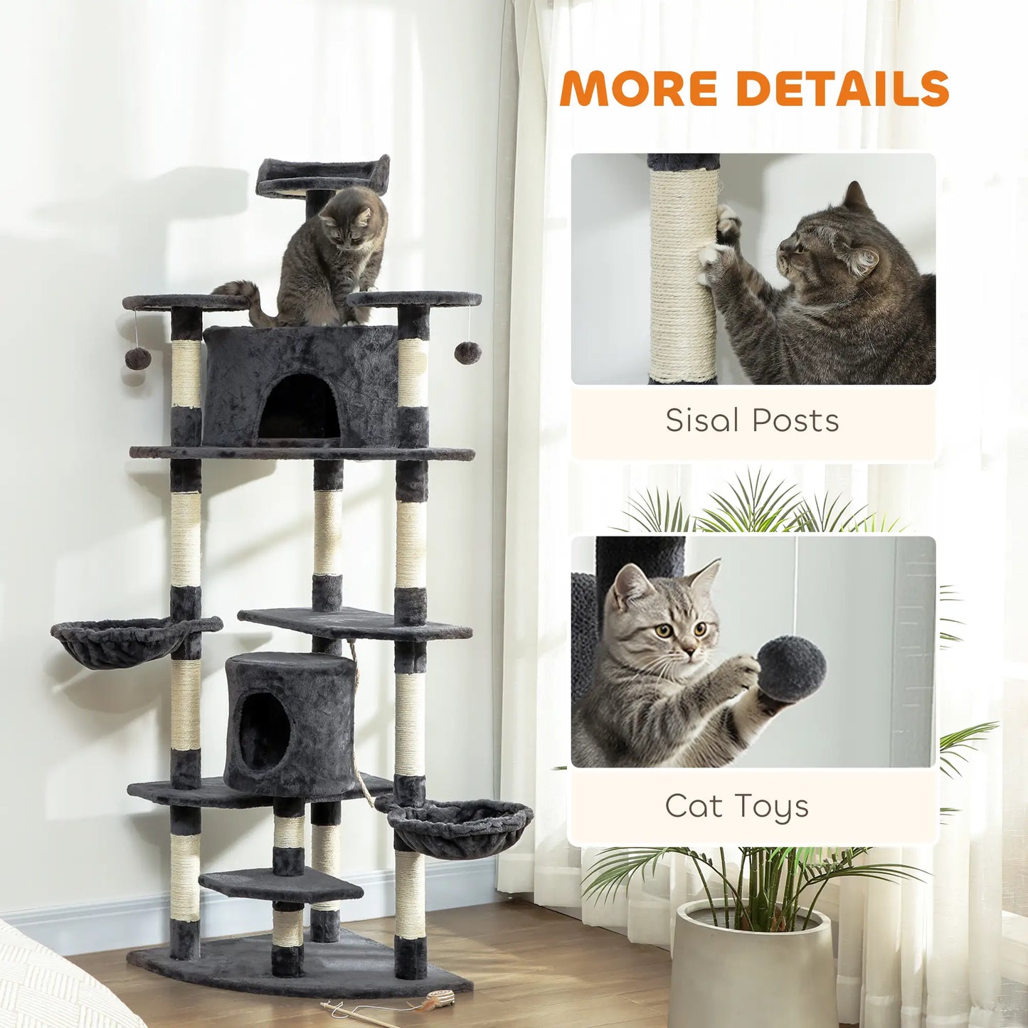 79" Cat Tree, Two Condos, Scratching Posts, Hammocks, Perches, Toys, Dark Grey Cat Towers at Gallery Canada