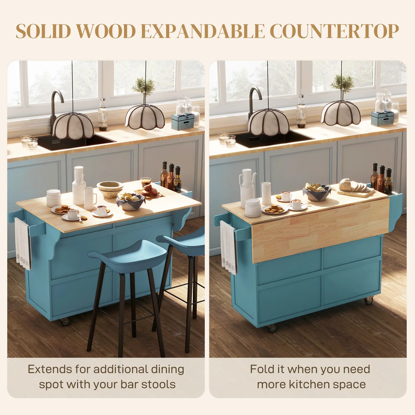 Rolling Kitchen Island with Storage, Drop Leaf, Rubber Wood Top, Light Blue Kitchen Islands & Kitchen Carts at Gallery Canada