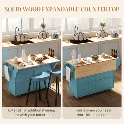 Rolling Kitchen Island with Storage, Drop Leaf, Rubber Wood Top, Light Blue Kitchen Islands & Kitchen Carts at Gallery Canada