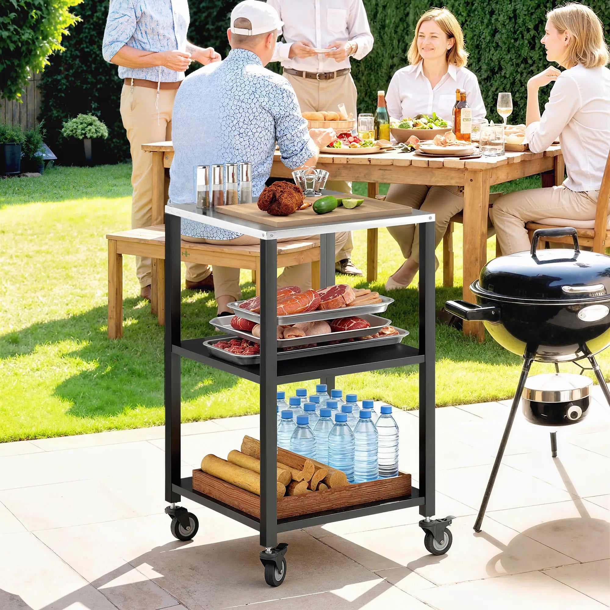 Outdoor Grill Cart, Pizza Oven Stand, 3-Tier Rolling Kitchen Prep Station, Black Outdoor Grill Carts at Gallery Canada