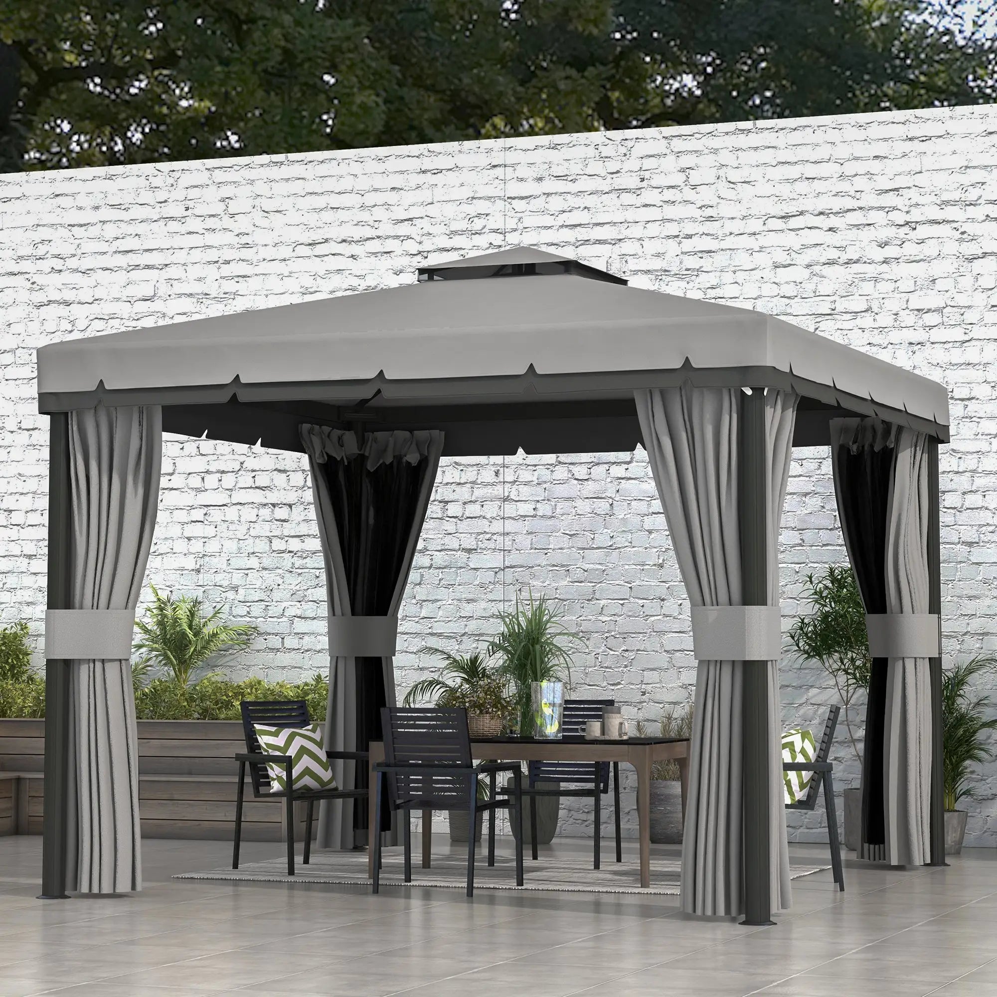 10' x 10' 2-Tier Gazebo, Zippered Mesh Sidewalls, Aluminum Frame, Light Grey Gazebos at Gallery Canada