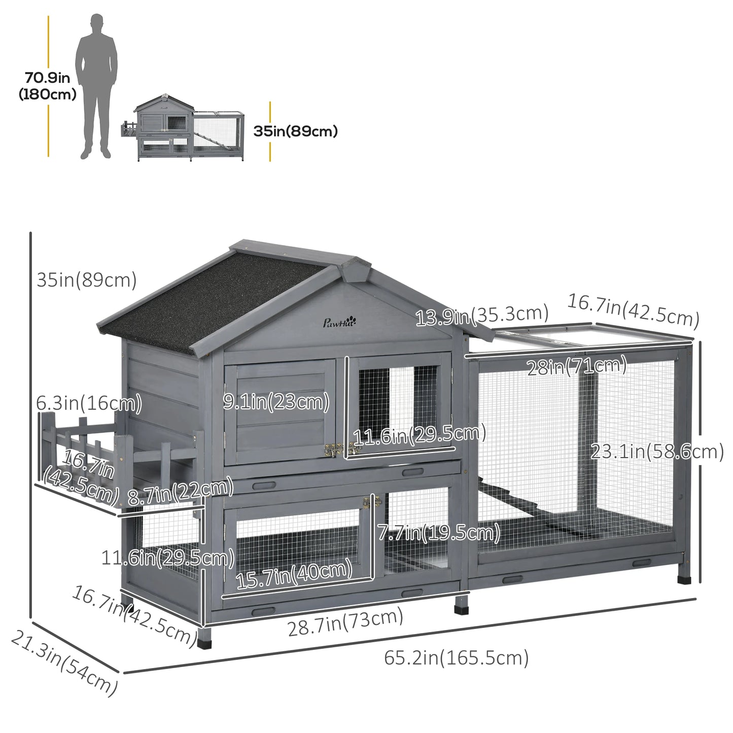 65" Wooden Rabbit Hutch, Openable Roof, Storage Box, Dark Grey Rabbit Hutch at Gallery Canada
