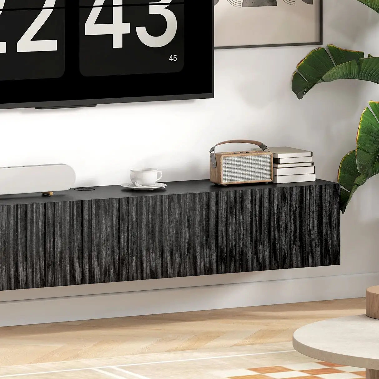 55 Inch Floating TV Stand, Wall Mount Media Console, 2 Fluted Doors, Black TV Stands at Gallery Canada