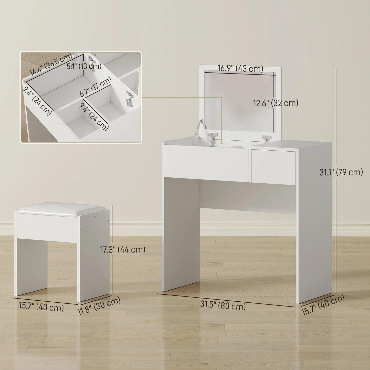 Modern Vanity Set, Flip Top Mirror, Cushioned Stool, Storage Drawer, White Dressing & Vanity Tables at Gallery Canada